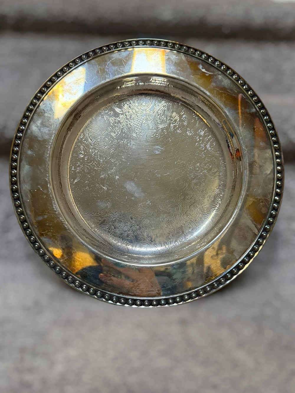 Vintage WM Rogers Silverplate Round Serving Tray Ornate Beaded Hollywood Regency